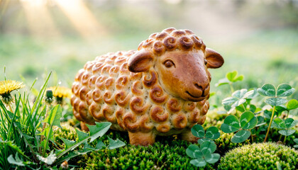 Obraz premium Ceramic Easter lamb figurine nestled in spring grass and clover — joyful symbol of sacrifice and renewal
