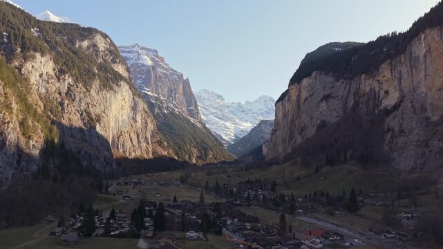 Aerial View of Lauterbrunnen Church, Famous Location in Switzerland.Drone Shot of Staubbach Falls and Lauterbrunnen Valley, Switzerland.