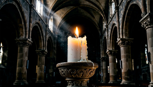 Glowing Paschal candle in ancient stone cathedral &mdash; solemn Easter vigil light piercing sacred Gothic arches