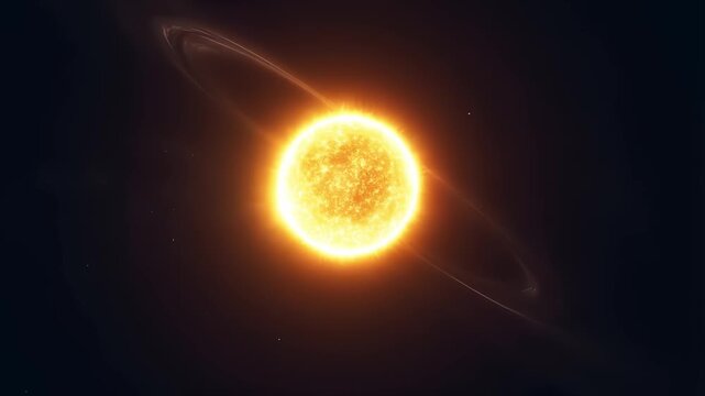 A blazing yellow-orange star burns at the center of a dark cosmic scene, encircled by a faint dusty ring; seething plasma textures glow, casting a warm halo across the surrounding void.