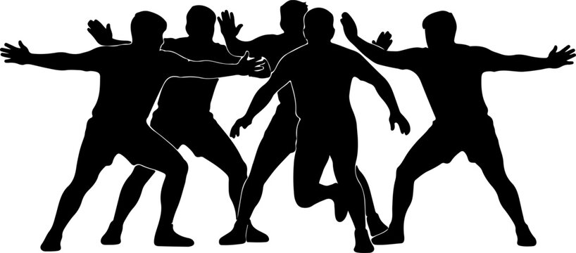 Kabaddi raider surrounded by defenders in action silhouette isolated on white background vector