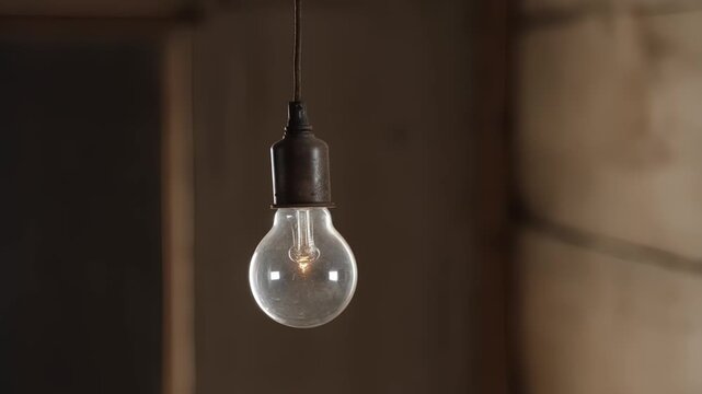A single dusty lightbulb hangs from a cord in a dim, rustic room, unlit against a soft, blurred background of wood and shadow, evoking silence, suspense, and a bare, industrial mood.