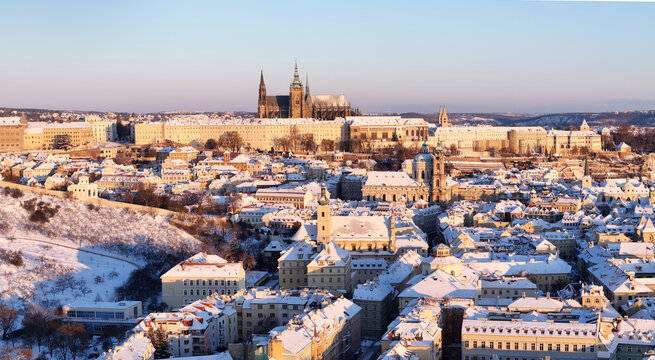 Prague at dawn after snowfall