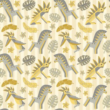 Seamless tropical pattern with hand drawn stylized bird, horse, fantasy animal, palm leaves, frangipani flowers in grey and yellow on soft yellow stripes. Ideal for textile, wallpaper, nursery design	