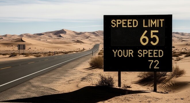 Speed Limit Displayed in Desert Landscape, Road to The Horizon, Overspeeding Warning Sign