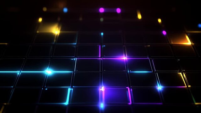 Vibrant neon grid pattern with glowing lights on dark background.