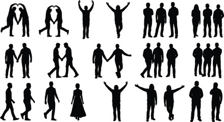 Silhouette people poses, walking standing jumping, handshake holding hands, social interaction illustration, vector art, human posture design, creative movement silhouettes, expressive body language © Creative Crave