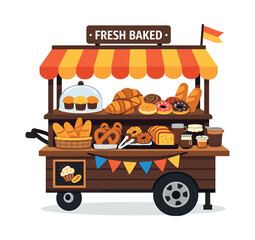Obraz premium Bakery food stand offering a selection of pastries, sweets, and bread, conveying street vending business