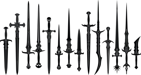 Silhouette fantasy swords collection, medieval weapon designs, dark fantasy illustration, vector art, ornate blade styles, creative sword silhouettes, decorative weaponry artwork © Creative Crave