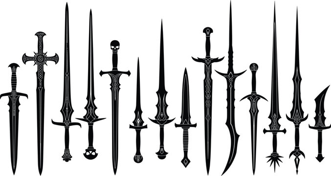 Silhouette fantasy swords collection, medieval weapon designs, dark fantasy illustration, vector art, ornate blade styles, creative sword silhouettes, decorative weaponry artwork