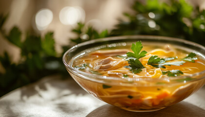 Designer Thin Glass Soup Plate with Homemade Chicken Soup on Glamorous Blurred Background, Bright Premium Stock Photo