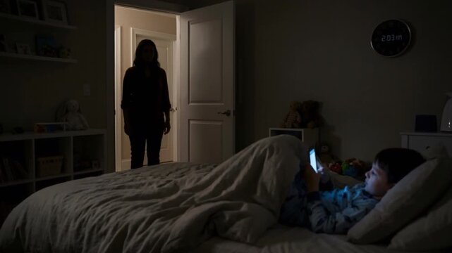 A child's engrossed face, illuminated by phone screen, sits on bed in a dim bedroom, as a parent's silhouette casts a concerned glance from doorway, with wall clock showing a late nighttime hour