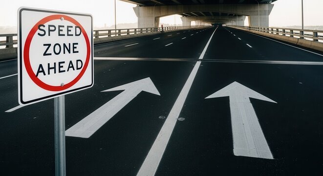 Speed Zone Ahead Sign On Highway Under Bridge, Road Directional Arrows Indicating Traffic Flow
