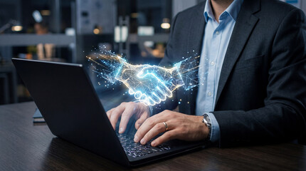 Online IT customer support. Remote help desk chat for technical support. Businessman using laptop computer to provide troubleshooting support.