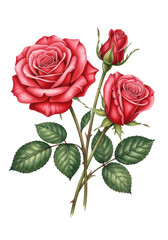 Fototapeta premium Two vibrant red watercolor roses in full bloom, one closed bud, with deep green leaves and slender brown stems, isolated on transparent background, ample copy space. Concept of natural beauty and