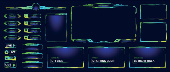 Twitch stream frames. Stream live cyberpunk tech frame, broadcast overlay video screen acid green y2k panels game streamer user ui hud menu digital futuristic vector illustration © ssstocker