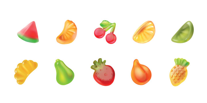 Jelly fruit candy. Realistic gummy candies, 3d glossy fruits supplement sugar sweet set, cherry strawberry lemon pineapple orange watermelon mix figure, exact vector illustration
