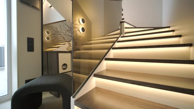 Modern interior design of a wooden staircase with integrated warm LED strip