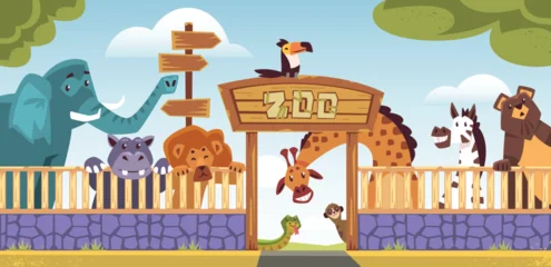 Fotobehang Zoo Zoo entrance. Zoology park entry gate, welcome arch with wild animals enclosure jungle tree nature garden cartoon landscape safari savanna animal scene, classy vector illustration  © ssstocker