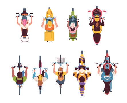 Riders top view. People above motorcycle or bicycle. Delivery man scooter woman on helmet bike rider overhead traffic road race aerial view motor biker, classy vector illustration
