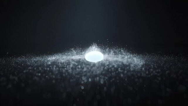 A bright orb under a narrow spotlight erupts with a halo of shimmering particles, scattering across the dark void like a delicate, suspended splash frozen in time.