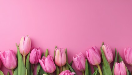 Fototapeta premium Pink Tulips Border on a Pink Background, Springtime Floral Arrangement.