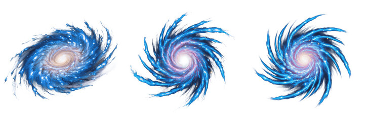 Set and collection of realistic blue spiral galaxy systems, cosmic nebula swirls, and celestial energy vortexes isolated on white transparent png background © fixa