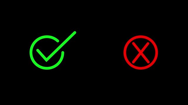 Green Check Mark and Red Cross Symbols on Black Background
