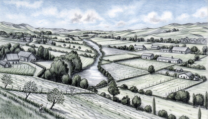 Aerial view of patchwork farmland with winding hedgerows and distant hills. © ida