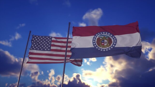 American and Missouri Flags Fluttering in Golden Sunset Light