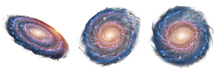 Set and collection of realistic spiral galaxy systems with glowing stars and cosmic nebula dust isolated on white transparent png background © fixa