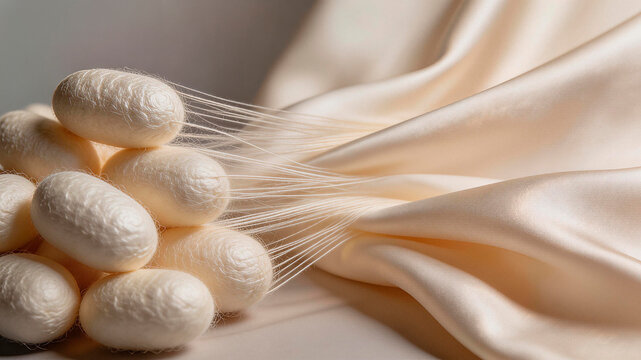 Silk cocoons arranged on a surface with delicate silk fabric draped in the background, showcasing the transformation from cocoon to silk material