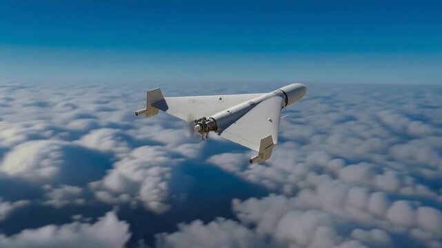 Advanced loitering munition flying above thick cloud layer. High-altitude tracking shot of autonomous attack drone in flight.