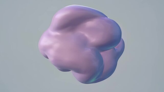 A soft, lavender, blobby 3D form floats against a pale gray background, its glossy, iridescent surface curving in bulbous lobes, hinting at an amorphous cloud or gummy sculpture in gentle motion.
