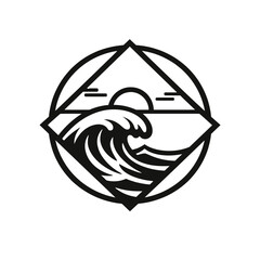 Captivating black and white vector emblem showcasing a dynamic ocean wave cresting majestically under a minimalist sun, elegantly framed within a distinctive geometric design, ideal for surf apparel,
