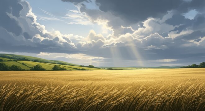 Golden wheat field with sun rays and clouds