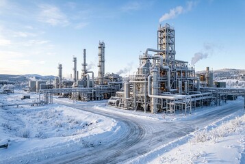 Obraz premium An 8K ultra-detailed industrial landscape in winter showcasing a refinery with intricate pipe networks, frost-covered railings, and a crisp low sun casting long shadows over a snow-covered ground