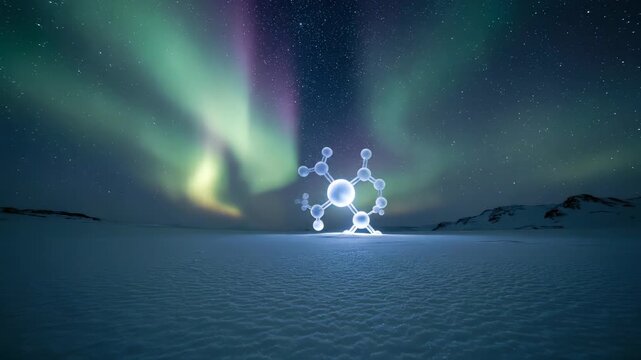 Molecular Marvel Amidst Aurora: A luminous molecular structure illuminates the winter landscape, with the mesmerizing dance of the aurora borealis creating a surreal atmosphere. 