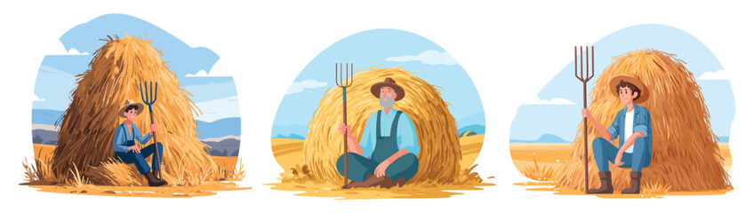 Fototapeta premium Farmer sitting hay stack. Agriculture worker rest on haystack, man in hat with pitchfork sit straw bale farm field harvest blue sky background scene cartoon set vector illustration