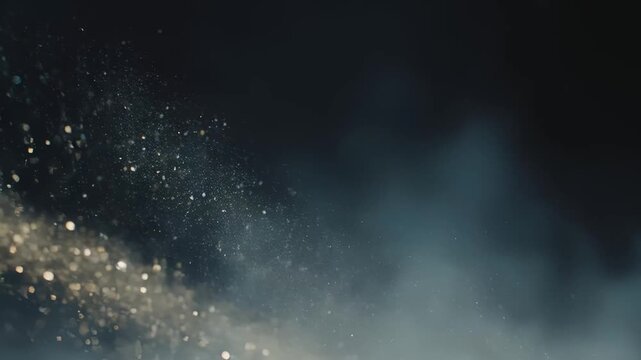 Fine golden dust drifts through a deep smoky blue backdrop, specks catching light as a soft haze swirls across the frame, suggesting slow motion, quiet atmosphere, and ethereal depth.