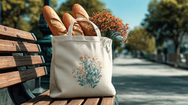 Spring lifestyle fresh start morning sunlight canvas tote with bread and flowers in a park setting