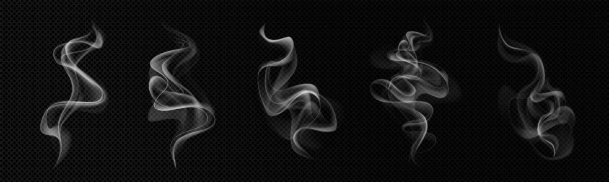 Set of vector realistic smoke, steam, aroma effects on a dark transparent background.
