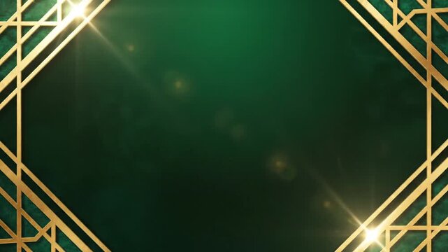 Elegant green background with golden geometric borders and subtle light effects ideal for festive or celebratory designs