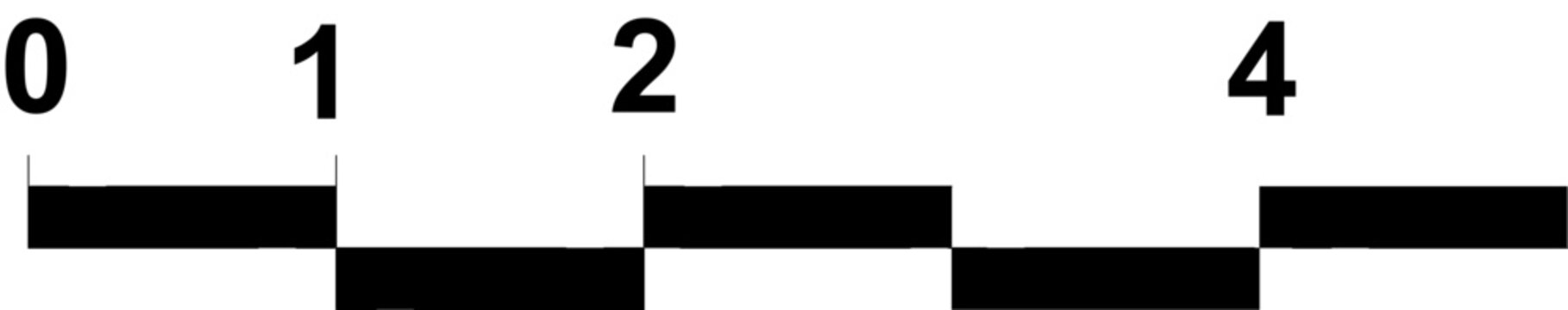 Graphic scale bar for technical drawings and maps showing measurement increments with alternating black rectangular segments labeled 0, 1, 2, and 4 units.