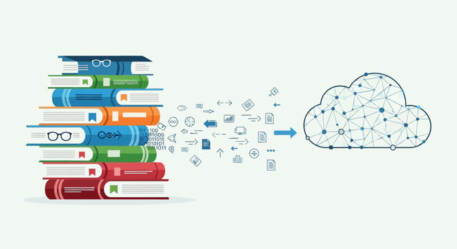 Digital transformation of knowledge from physical books to cloud computing.