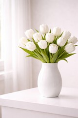 Wei&szlig;e Tulpen in einer wei&szlig;en Vase auf hellem Tisch vor dezentem Hintergrund im minimalistischen Wohnraum.