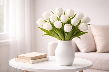 Wei&szlig;e Tulpen in einer wei&szlig;en Vase auf hellem Tisch vor dezentem Hintergrund im minimalistischen Wohnraum.