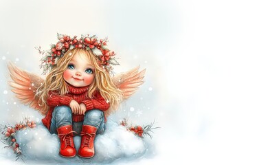 Fototapeta premium Child Angel with Flower Crown, Whimsical Watercolor Art