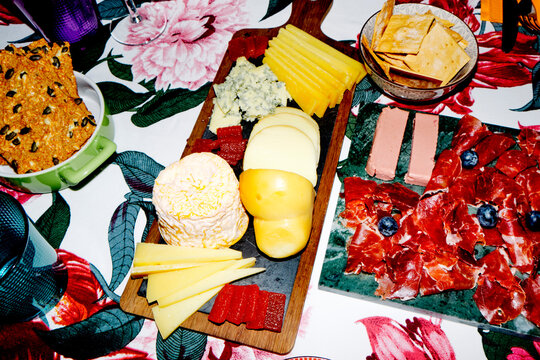 high angle view of an abundant cheese and charcuterie table 