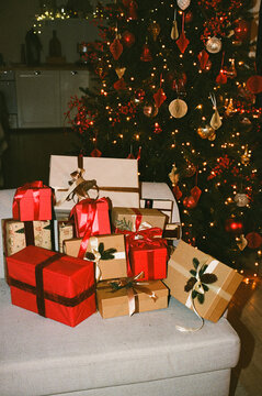 Christmas Tree with Gift Boxes on Couch in Cozy Living Room